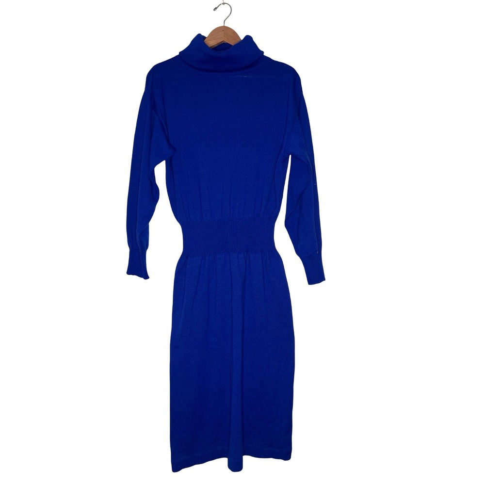 Vintage Epitome Sweater Dress Large Cobalt Blue Wool Blend Knit Retro Chic Mod